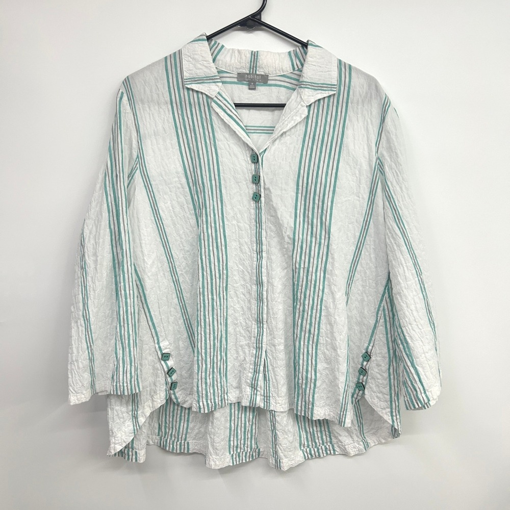 Habitat Seersucker Striped Button Up Shirt Medium White Teal Lagenlook Coastal